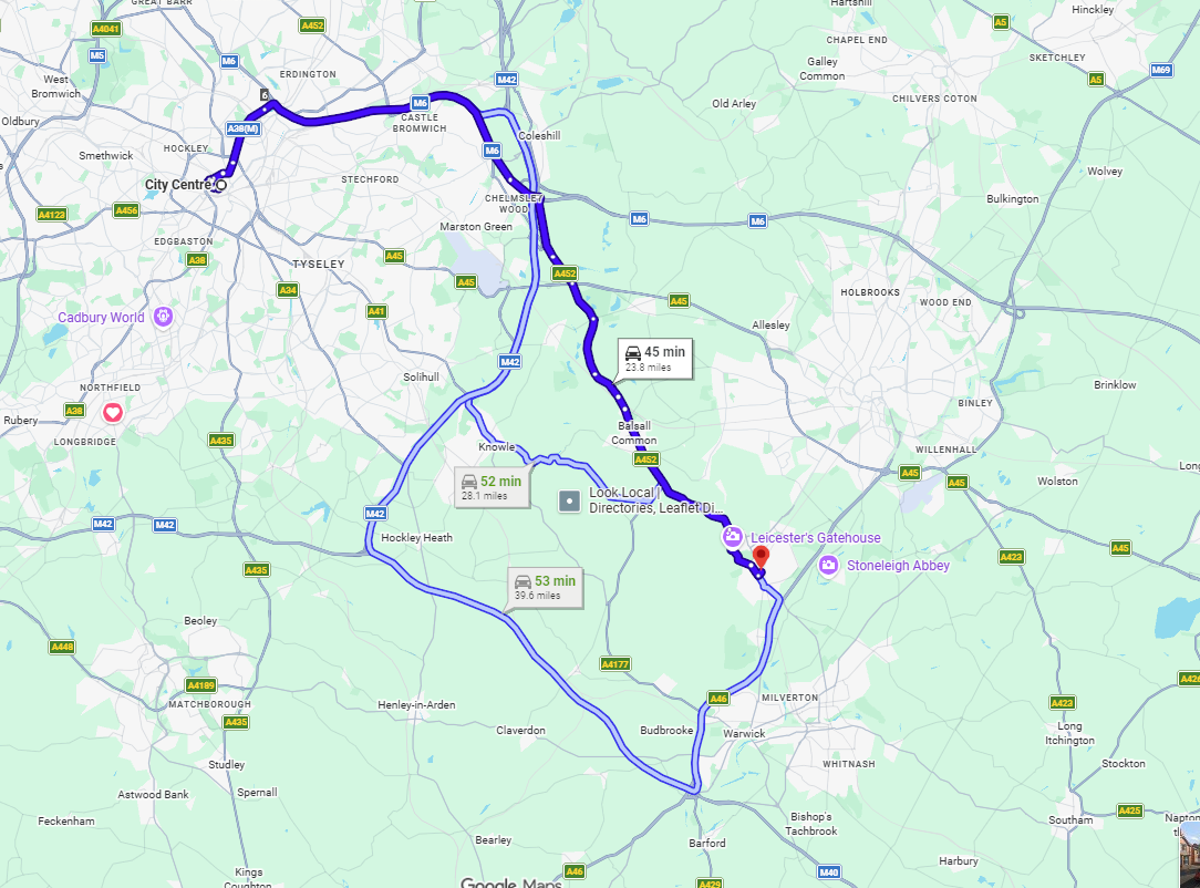Drug and Alcohol Rehab Birmingham, West Midlands. Google map of directions from Birmingham to TWC.